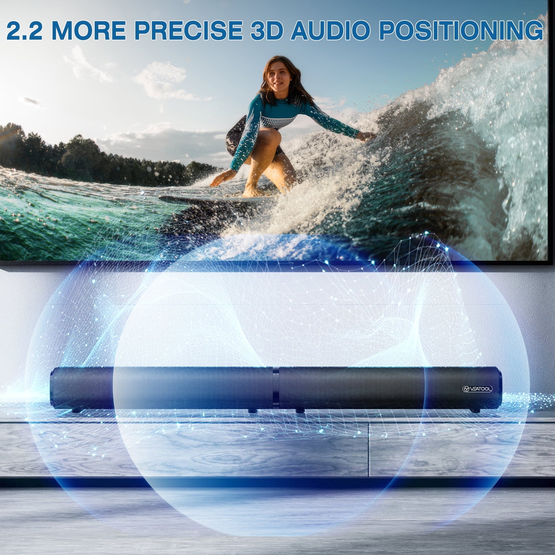VEAT00L 2.2ch Sound Bar, 100W Bluetooth 5.0 Sound Bars for Smart TV, 3D Surround Sound System with Powerful Bass,Home Theater Speakers with USB/Optical/AUX, TV Speakers Soundbars with Split Design
