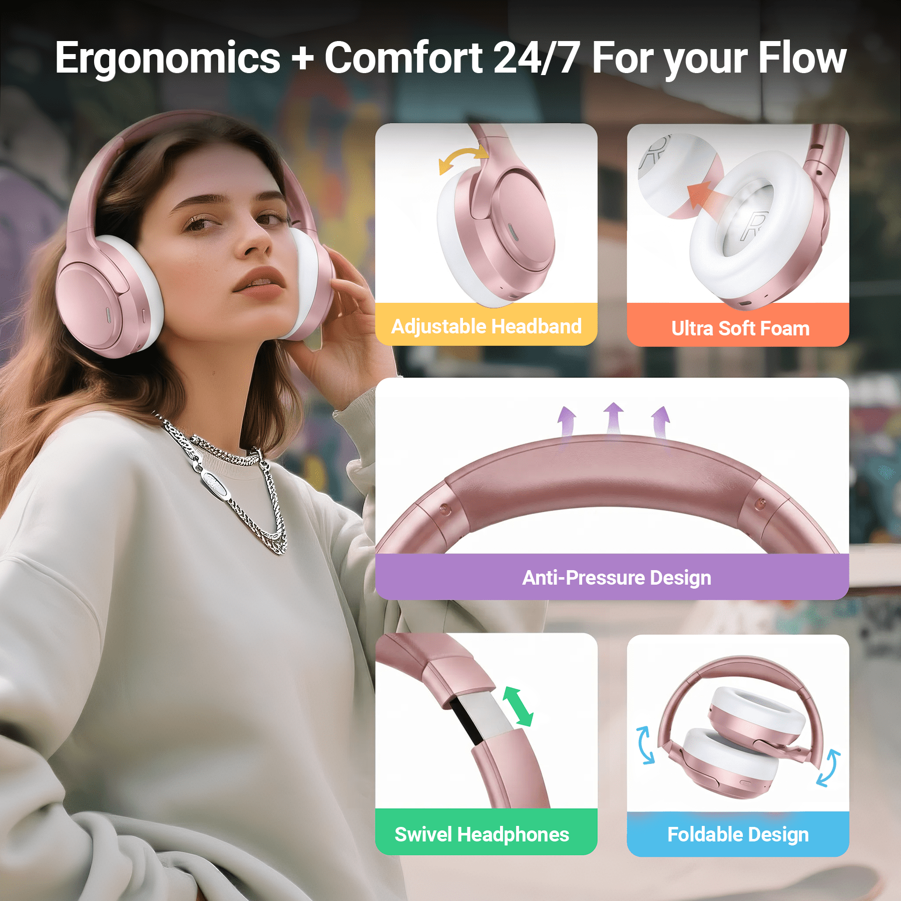 Hybrid Active Noise Cancelling Headphones,-50dB Wireless Bluetooth Headphones with Hi-Res Audio,120H Playtime Over Ear Bluetooth Headphones with 6 ENC Clear Mic,ANC Headphone for Travel Home Office
