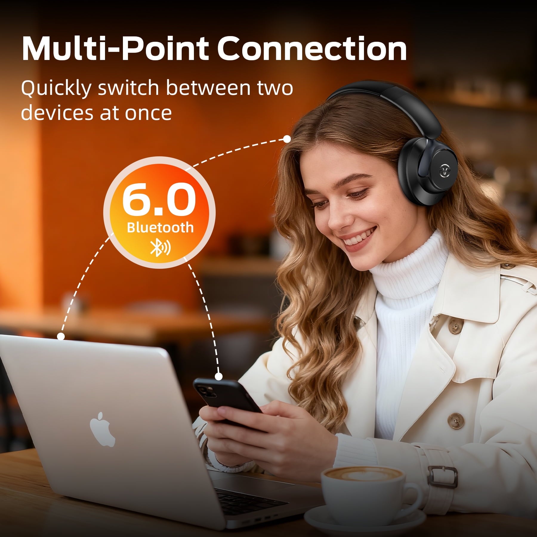 Active Noise Cancelling Headphones,60H Playtime Bluetooth 6.0 Wireless Headphones with Hi-Res Audio, Over Ear Headphones with Microphone, Deep Bass,Comfort Fit,Foldable Headset for Travel Office Game