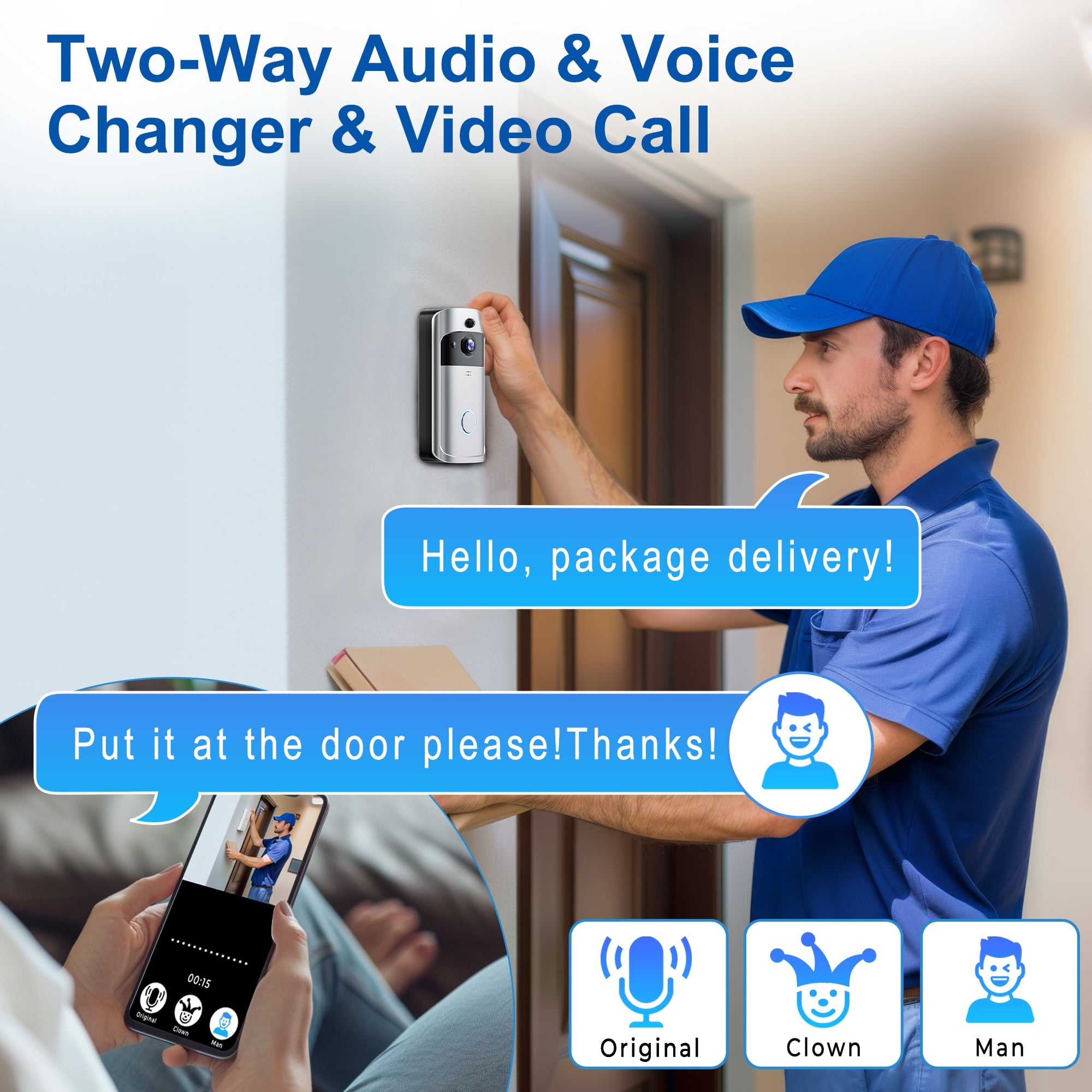 Doorbell Camera Wireless , 1080P Video Doorbell with Chime, Front Door Camera, 2-way Audio, Instant Alert,PIR Motion Detection,Night Vision,Battery-Powered Smart Doorbell