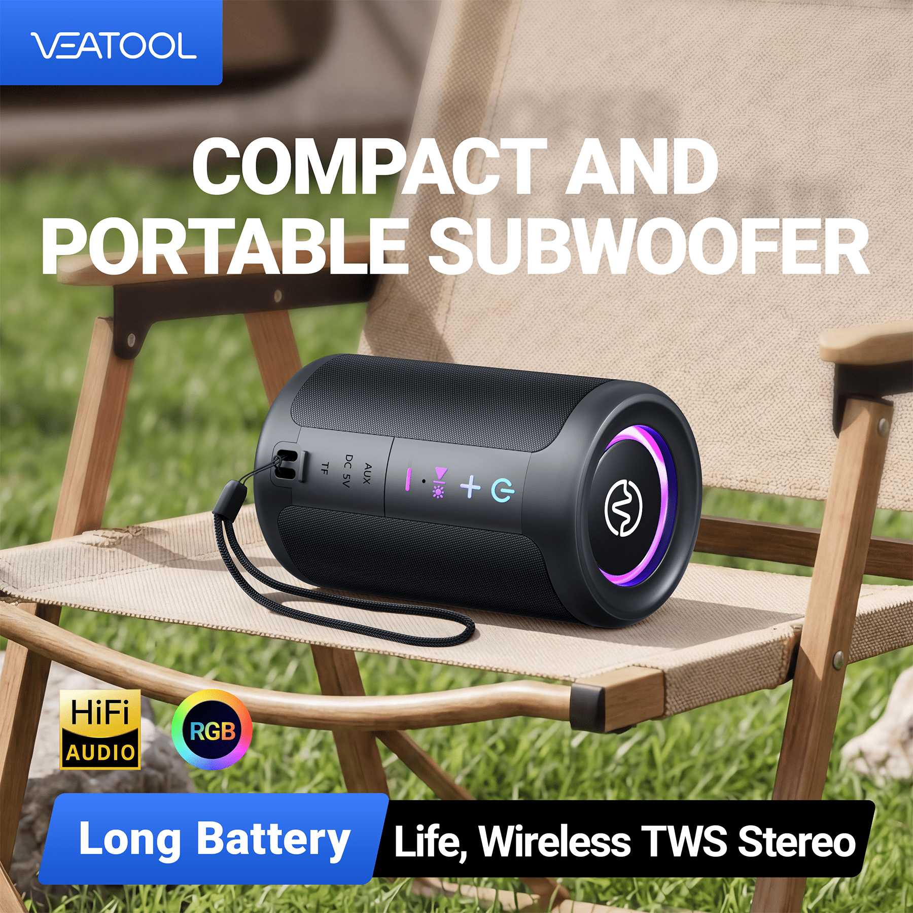 VEAT00L S16 Bluetooth speaker, Wireless Portable Bluetooth Speaker with Waterproof, Up to 24H Playtime,Powerful Bass,BT 5.4,LED Lights,TWS Pairing for Home/Party/Outdoor/Beach,Birthday Gift